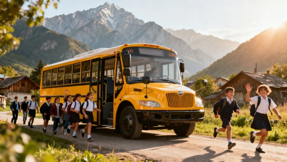 Школьники выпускники у автобуса