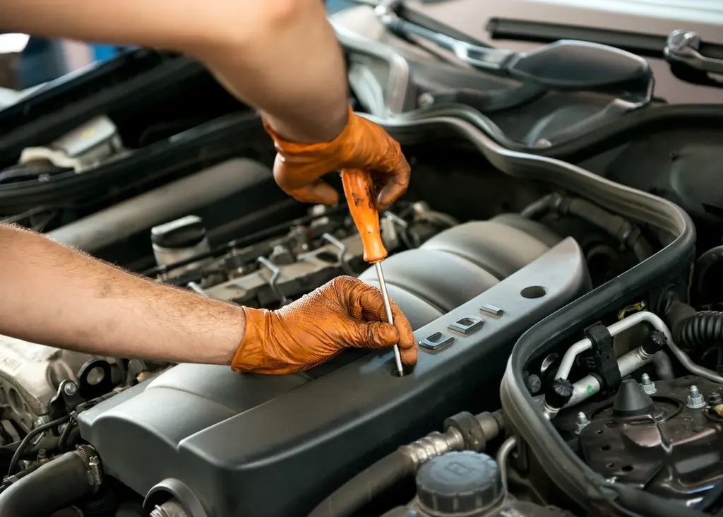 Механик проводит техническое обслуживание автобуса